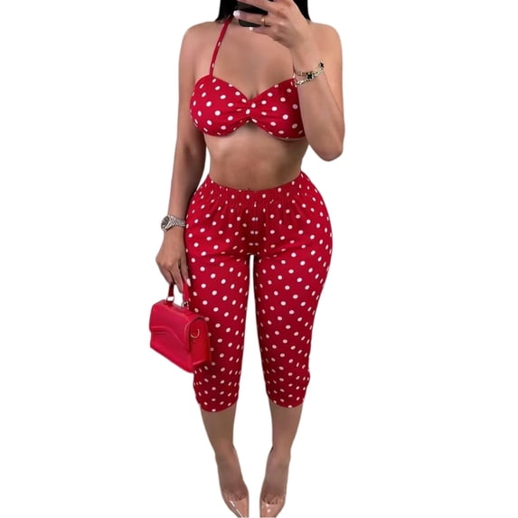 Women Polka Dot 2 Piece Set Strap Crop Top High Waist Capri Pants Summer Outfit