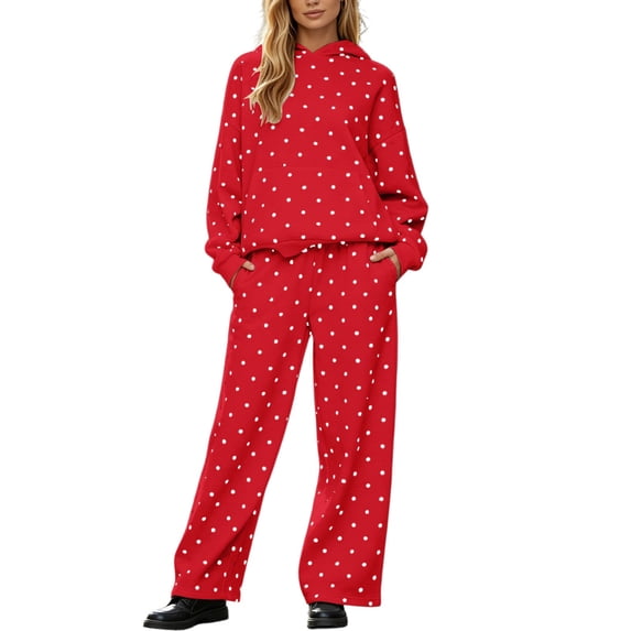 Women Polka Dot 2‑Piece Tracksuit Set, Long Sleeve Pullover Hoodie and Wide Leg Pants Outfit, Casual Loungewear Sweatsuit for Daily Travel
