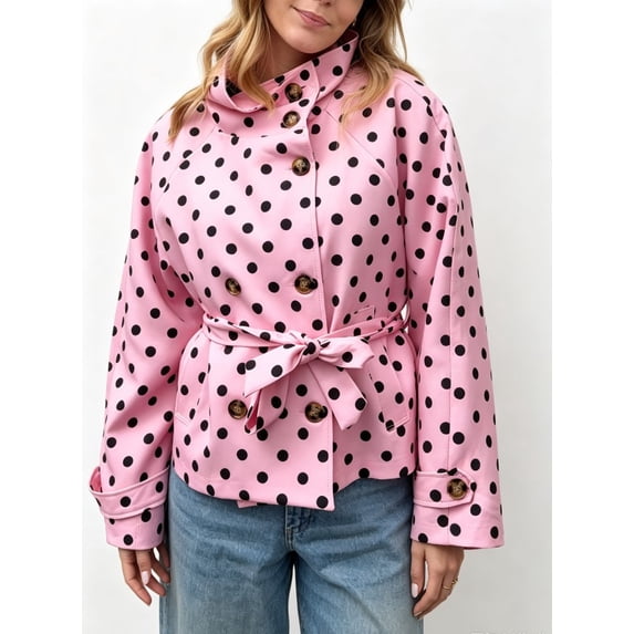 Women Polka‑Dot Belted Trench Coat Long Sleeve Double‑Breasted Cropped Jacket