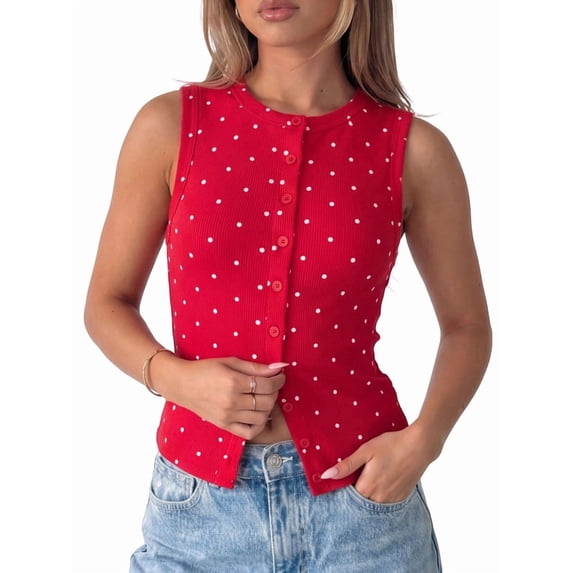 Women Polka Dot Button Down Tank Tops Sleeveless Crew Neck Slim Fit Crop Vest Going Out Clothes Big Red - in Stock L