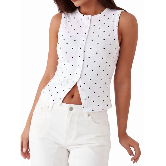 Women Polka Dot Button Down Tank Tops Sleeveless Crew Neck Slim Fit Crop Vest Going Out Clothes White - in Stock XL