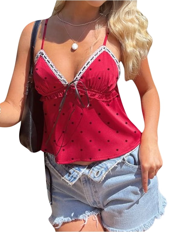 Women Polka Dot Camis Top Y2k Lace Trim Ruffled Hem Top Adjustable Spaghetti Strap Tie Camisole Red Polka Dot L