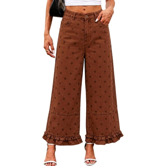 Women Polka Dot Capri Jeans High Waisted Wide Leg Cropped Denim Ruffle Hem with Pockets Casual Denim Pants