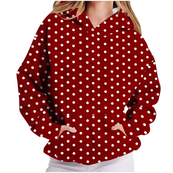 Women Polka Dot Drop Shoulder Hoodie, Print Long Sleeve Tops with Pocket, Oversized Fleece Hooded Sweatshirt,