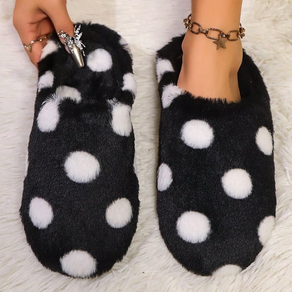 Women Polka Dot Fuzzy Faux Fur Closed Toe Slide House Slippers Warm Indoor Bedroom Slippers Black 6.5-7