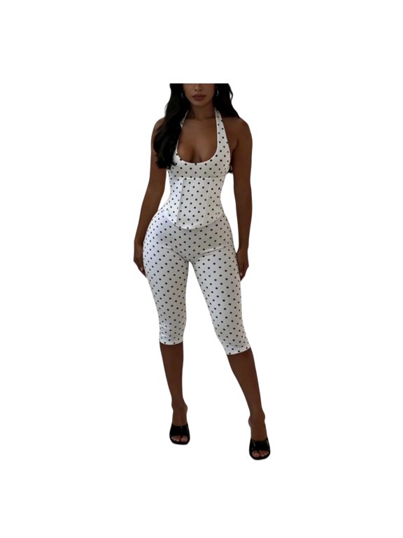 Women Polka Dot Halter Jumpsuit, Corset Zip Waist Cinched Capri Pants Summer Outfit