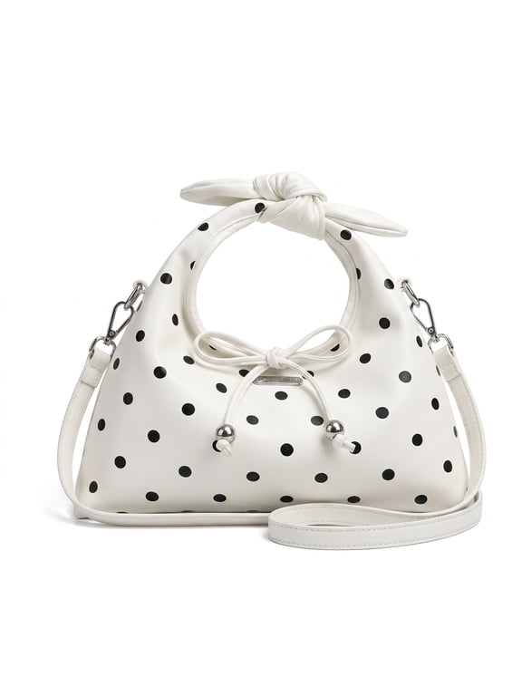 Women Polka Dot Hobo Handbag, Knotted Top Handle Drawstring Faux Leather Crossbody Shoulder Bag