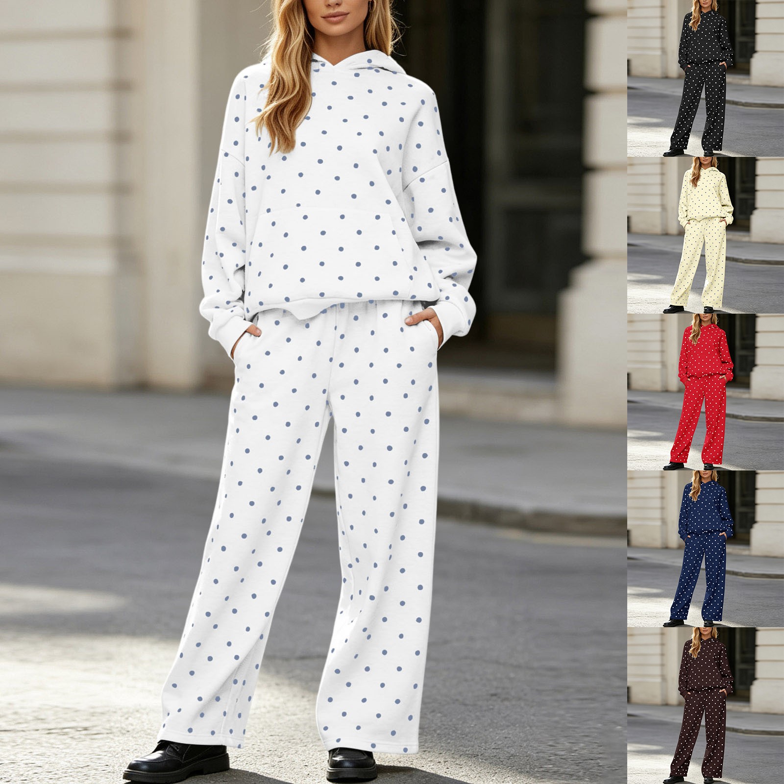 Women Polka Dot Hooded Sweatshirt 2 Piece Outfit Long Sleeve Pullover Hoodie And Wide Leg Pants Matching Tracksuit Casual Loungewear For Fall Winter: Key Details Before Checkout