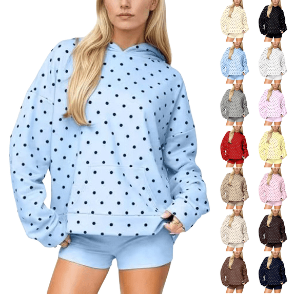 Women Polka Dot Hoodie Oversized Fleece Hooded Sweatshirt Long Sleeve Drop Shoulder Graphic Print Hoodies with Pocket M