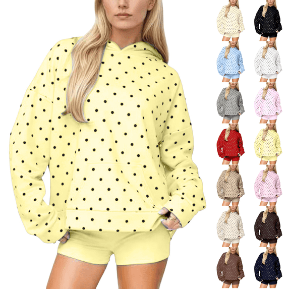 Women Polka Dot Hoodie Oversized Fleece Hooded Sweatshirt Long Sleeve Drop Shoulder Graphic Print Hoodies with Pocket XL