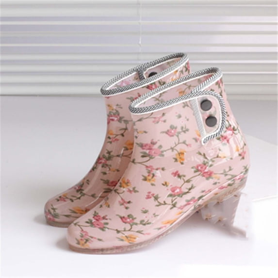 Women Polka Dot Leopard Floral Print Glossy Ankle Rain Boots Side Double Button Decor Low Clear Block Heel Non Slip Waterproof PVC Wellies for Rainy Wear Multicolor 39