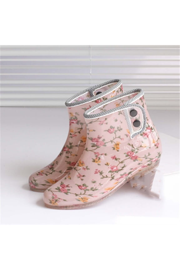 Women Polka Dot Leopard Floral Print Glossy Ankle Rain Boots Side Double Button Decor Low Clear Block Heel Non Slip Waterproof PVC Wellies for Rainy Wear Multicolor 35