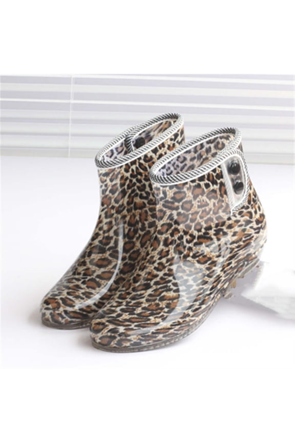 Women Polka Dot Leopard Floral Print Glossy Ankle Rain Boots Side Double Button Decor Low Clear Block Heel Non Slip Waterproof PVC Wellies for Rainy Wear Brown 37
