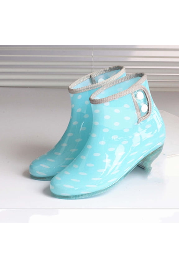 Women Polka Dot Leopard Floral Print Glossy Ankle Rain Boots Side Double Button Decor Low Clear Block Heel Non Slip Waterproof PVC Wellies for Rainy Wear Blue 36