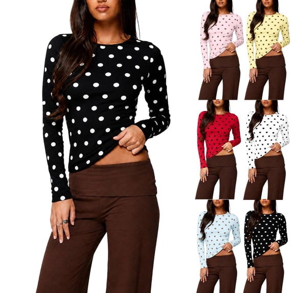 Women Polka Dot Long Sleeve Tops Polka Dot Slim Fitted Going Out Shirt Trendy Going Out Fall Tee Shirt