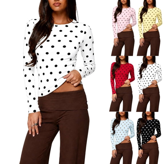 Women Polka Dot Long Sleeve Tops Polka Dot Slim Fitted Going Out Shirt Trendy Going Out Fall Tee Shirt