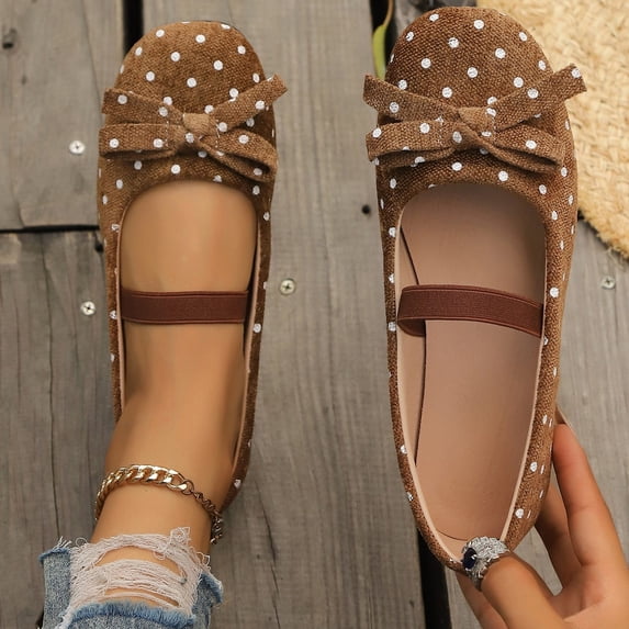 Women Polka‑Dot Mary Jane Flat Shoes, Bow Decor Elastic Strap Canvas Flats, Cute Casual Slip‑on Shoes for Daily Walking, Shopping