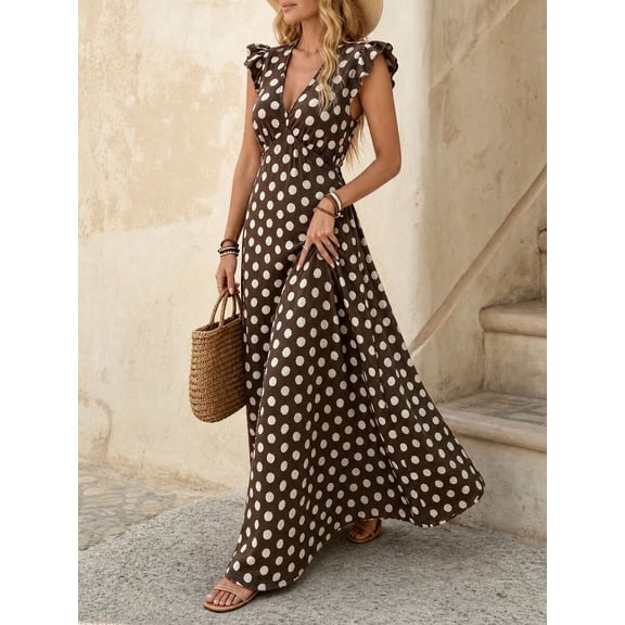 Women Polka Dot Maxi Dress, V Neck Flutter Sleeve A Line Dress, Shirred Waist Vintage Dress for Beach Vacation Afternoon Tea Party