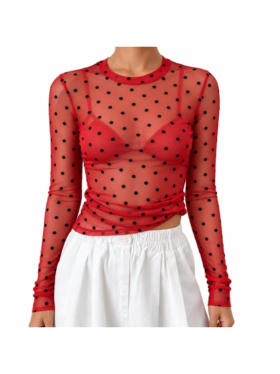 Women Polka Dot Mesh Top Long Sleeve Sheer Layering Shirt Slim Fit Crew Neck See Through Blouse Y2K Vintage Dot Print Crop Tops Nightclub Party Going Out