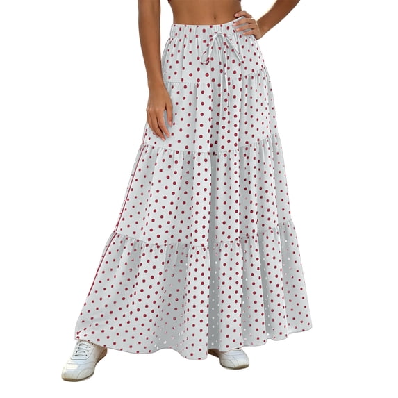 Women Polka Dot Midi Skirt Large Ruffle Hem Tie Waist A Line Flowy Casual Skirt with Drawstring for Daily Wear Pink XL(XL)