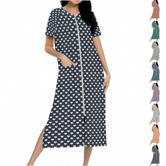 Women Polka Dot Nightgown Zip Front Short Sleeve Sleepwear Loungewear Soft House Dress Long Nightshirt