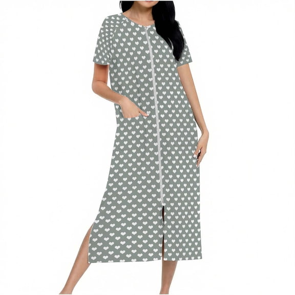 Women Polka Dot Nightgown Zip Front Short Sleeve Sleepwear Loungewear Soft House Dress Long Nightshirt