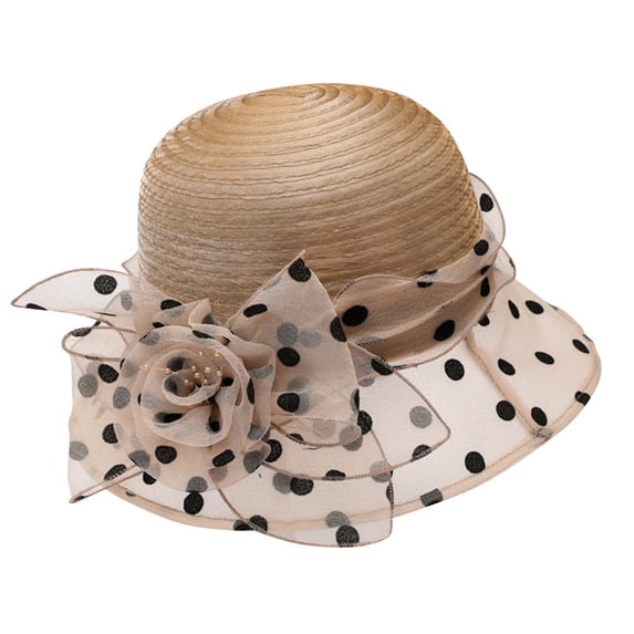 Women Polka Dot Organza Mesh Church Derby Dress Cloche Hat Pleated Crown Floral Bow Wide Brim formal Sun Hat Fascinator Floral Tea Party Wedding Bucket Hat Khaki M(M)