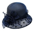 thumbnail image 1 of Women Polka Dot Organza Mesh Church Derby Dress Cloche Hat Pleated Crown Floral Bow Wide Brim formal Sun Hat Fascinator Floral Tea Party Wedding Bucket Hat Navy M(M), 1 of 3