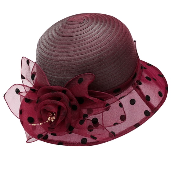 Women Polka Dot Organza Mesh Church Derby Dress Cloche Hat Pleated Crown Floral Bow Wide Brim formal Sun Hat Fascinator Floral Tea Party Wedding Bucket Hat Wine M(M)
