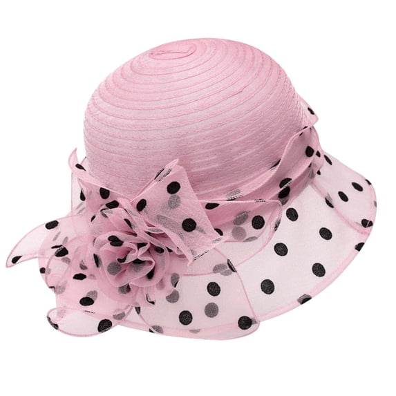 Women Polka Dot Organza Mesh Church Derby Dress Cloche Hat Pleated Crown Floral Bow Wide Brim formal Sun Hat Fascinator Floral Tea Party Wedding Bucket Hat Pink M(M)
