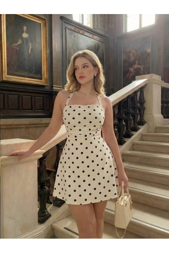 Women Polka Dot Pattern Halter Mini Dress