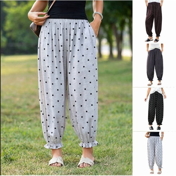 Women Polka Dot Printed Casual Harem Pants Elastic Waist Loose Ankle Jogger Trousers with Pockets Lightweight Loose Fit Bottoms for Home and Outdoor Daily Wear Gray