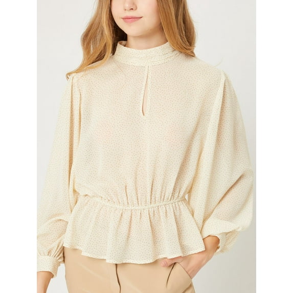 Women Polka Dot Sheer Chiffon Sleeve Mock Neck Keyhole Blouse Top