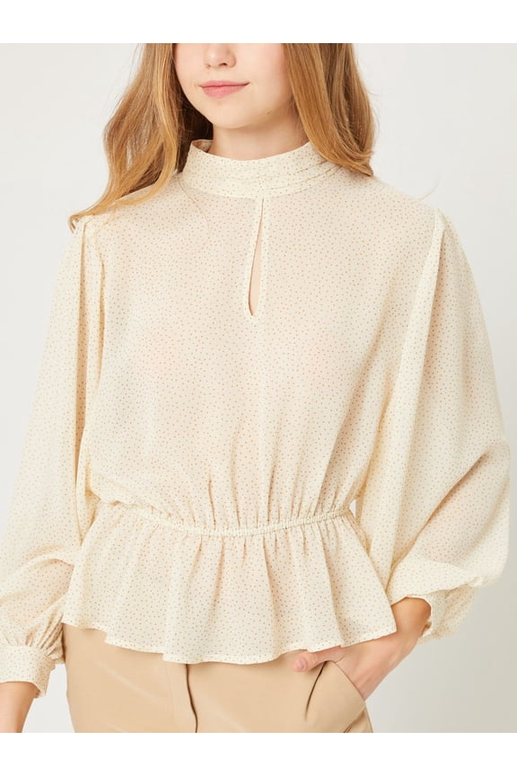 Women Polka Dot Sheer Chiffon Sleeve Mock Neck Keyhole Blouse Top