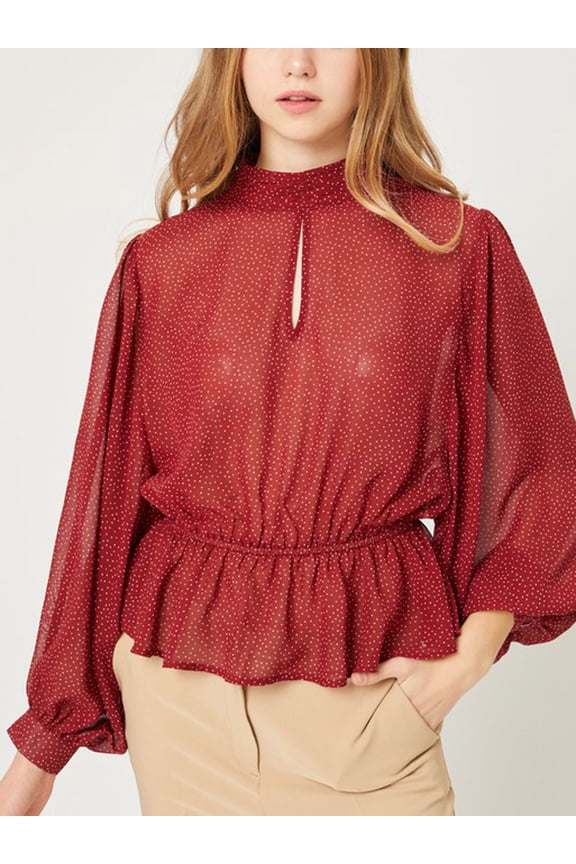 Women Polka Dot Sheer Chiffon Sleeve Mock Neck Keyhole Blouse Top