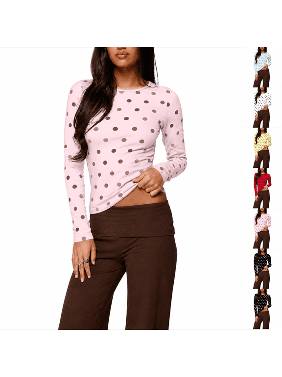 Women Polka Dot Shirt Y2k Long Sleeve Crewneck Vintage Cute Slim Fit Tee Crop Top Going Out Streetwear