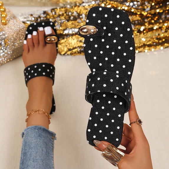 Women Polka Dot Square Toe Two Strap Slide Sandals Casual Summer Flat Shoes Black 7