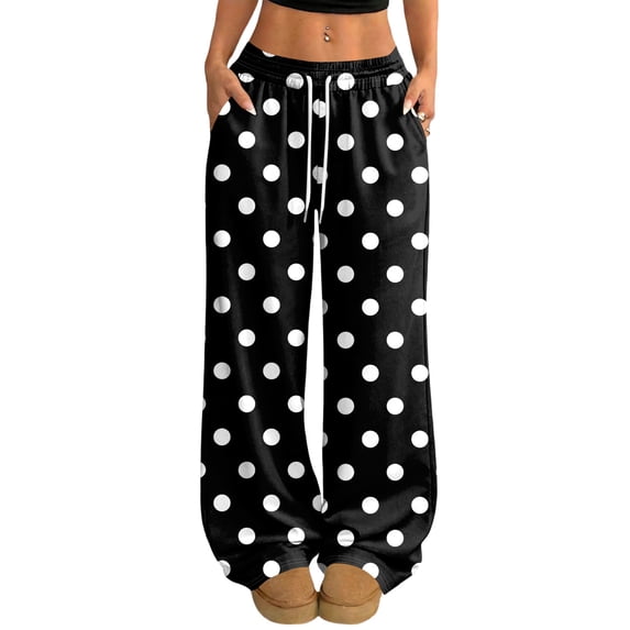 Women Polka Dot Sweatpants Drawstring Elastic Waist Baggy Barrel Leg Joggers with Pockets Casual Lounge Pants