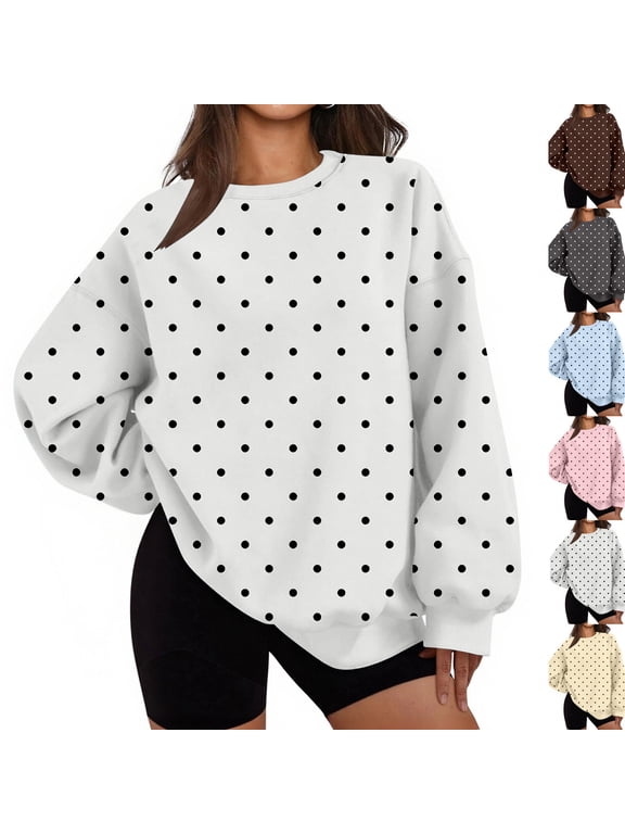 Women Polka Dot Sweatshirt Oversized Graphic Crewneck Long Sleeve Fleece Pullover Y2K Casual Hoodies,White,L