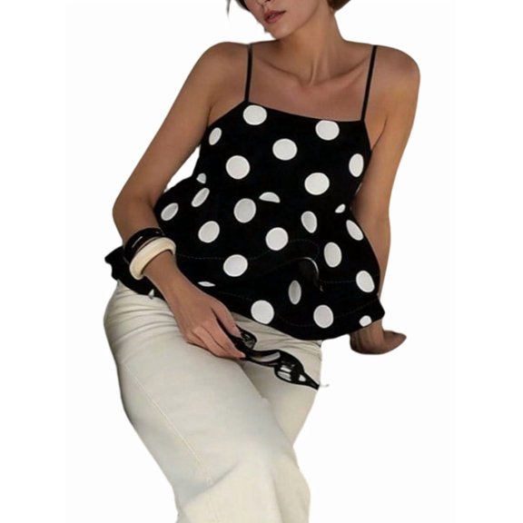 Women Polka Dot Tank Top Square Neck Spaghetti Strap Camisole Ruffle Hem Y2k Tops Black XS