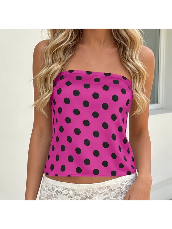 Women Polka Dot Tube Top Strapless Sleeveless Backless Tank Top,Ladies Crop Tank Top Slim Fit Going out Tops Streetwear Pink S
