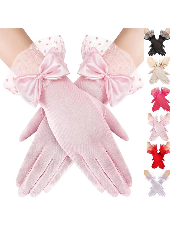 Women Polka Dot Tulle Mesh Gloves, Short Wrist Satin Bow Decor Vintage Gloves, Elegant Formal Hand Accessories for Wedding, Prom Party, Flapper and Evening Costume Parties Pink