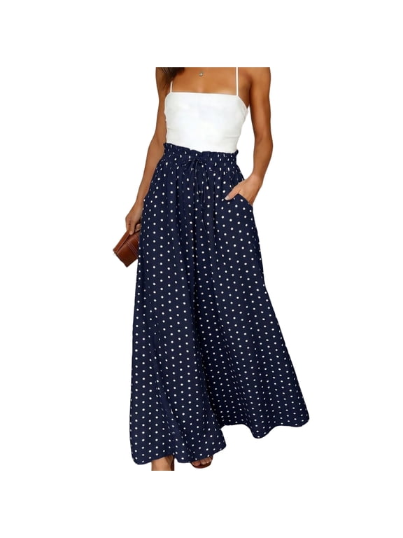 Women Polka Dot Wide Leg Palazzo Pants, Bohemian Elastic High Waist Long Culottes with Pockets, Casual Loose Fit Flowy Trousers for Daily Vacation Beach Wear, L