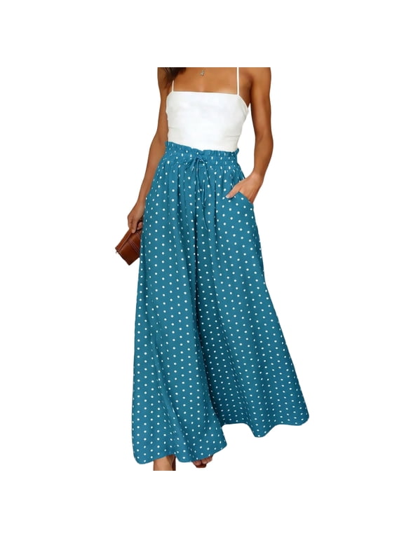Women Polka Dot Wide Leg Palazzo Pants, Bohemian Elastic High Waist Long Culottes with Pockets, Casual Loose Fit Flowy Trousers for Daily Vacation Beach Wear, L