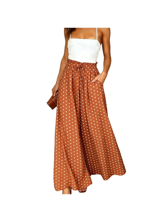 Women Polka Dot Wide Leg Palazzo Pants, Bohemian Elastic High Waist Long Culottes with Pockets, Casual Loose Fit Flowy Trousers for Daily Vacation Beach Wear, S