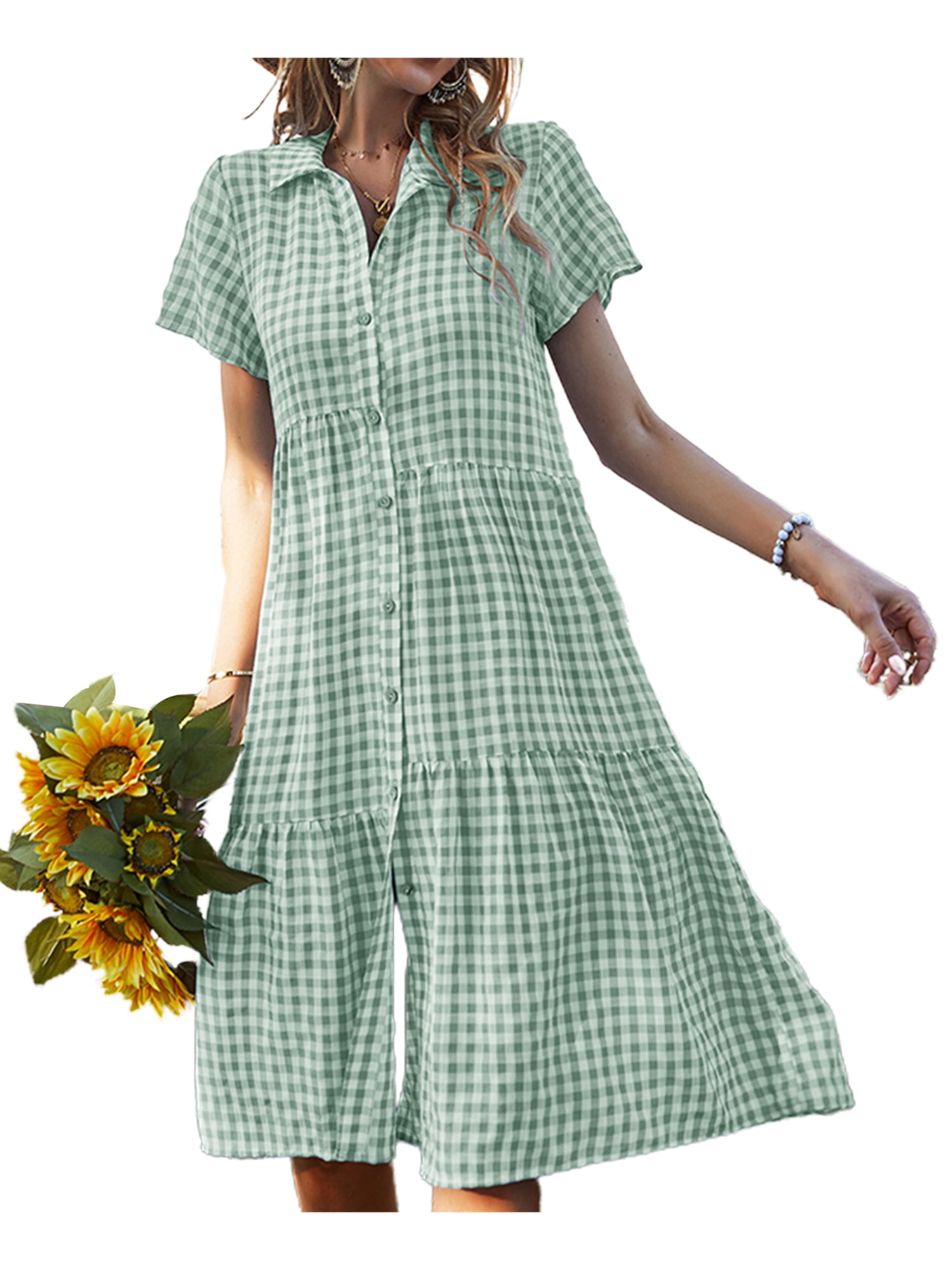 Women Polo Button Down Shirt Dresses Casual Short Sleeve Plaids Print