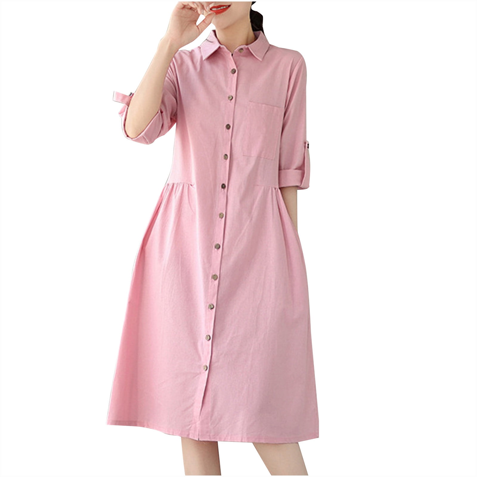 Women Polo Shirt Dress Button Down Half Sleeve Turndown Neck Short