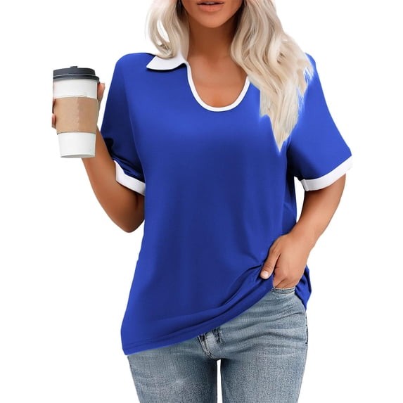 Women Polo Shirts Short Sleeve U Neck Shirt Summer Basic Tee Dressy Casual Loose Work Blouse Color Block Tunic Tshirt