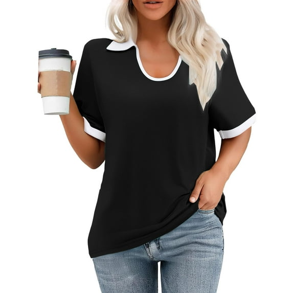 Women Polo Shirts Short Sleeve U Neck Shirt Summer Basic Tee Dressy Casual Loose Work Blouse Color Block Tunic Tshirt