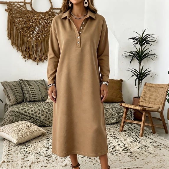 Women Polo Sweatshirt Button Placket Long Dress, Drop Shoulder Long Sleeve Loose Solid Color Casual Midi Dress 2XL